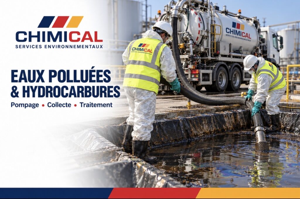 Pompage d'eaux industrielles polluées aux hydrocarbures sur un site de production