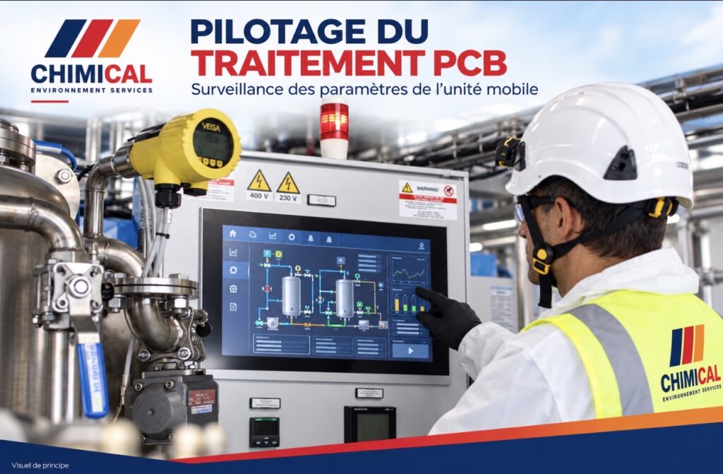 Technicien CHIMICAL pilotant le traitement PCB depuis l'écran de l'unité mobile