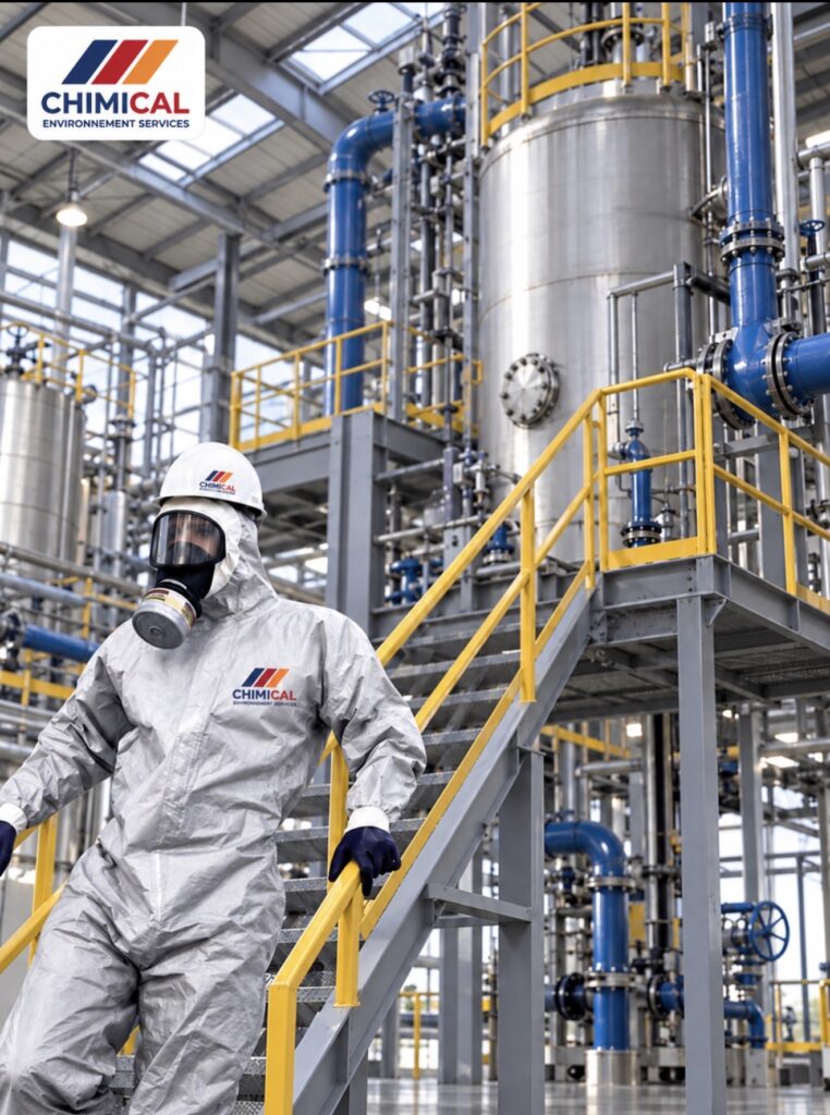 Opérateur protégé intervenant sur les tuyauteries d'une installation industrielle
