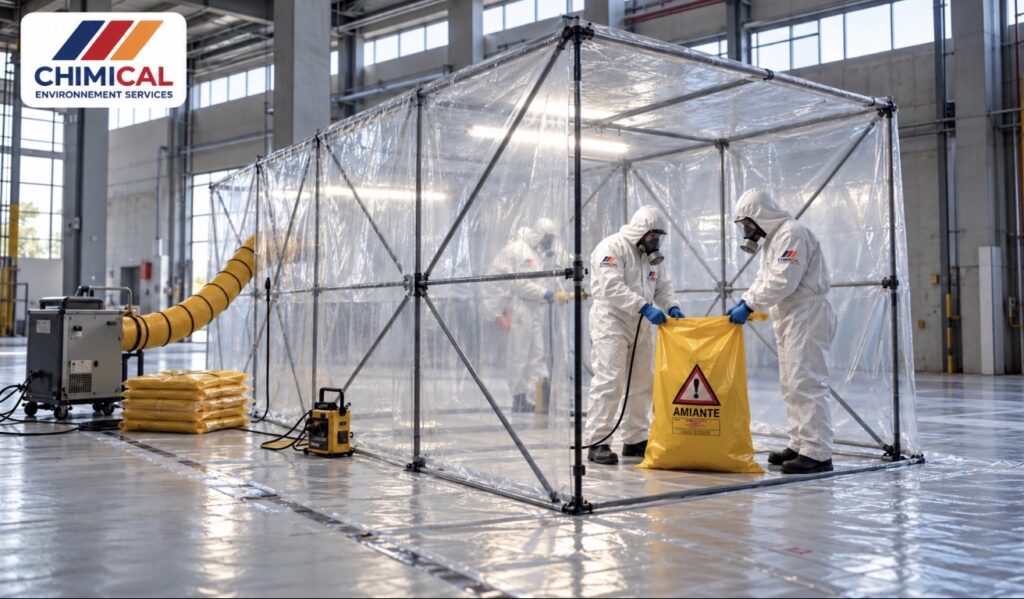 Zone confinée de désamiantage sur un site industriel