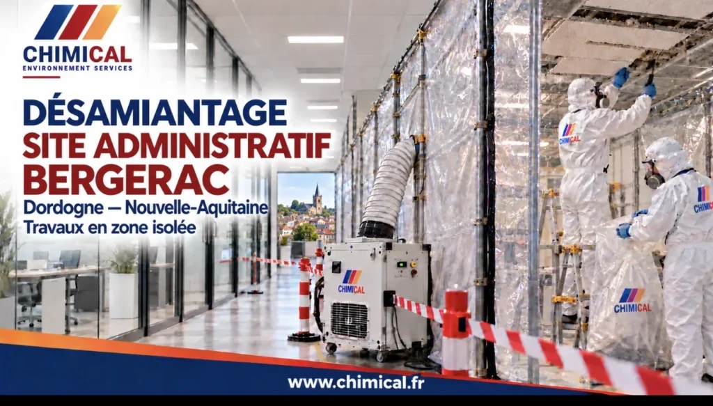 Désamiantage d’un site administratif à Bergerac : opérateurs en combinaison en zone confinée