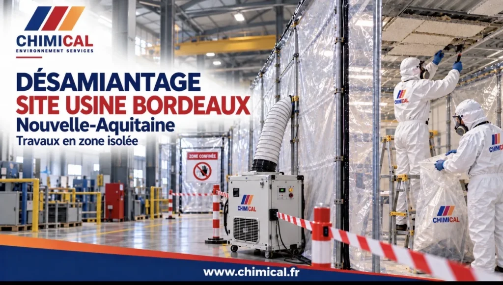 Désamiantage d’un site industriel à Bordeaux : opérateurs en combinaison en zone confinée