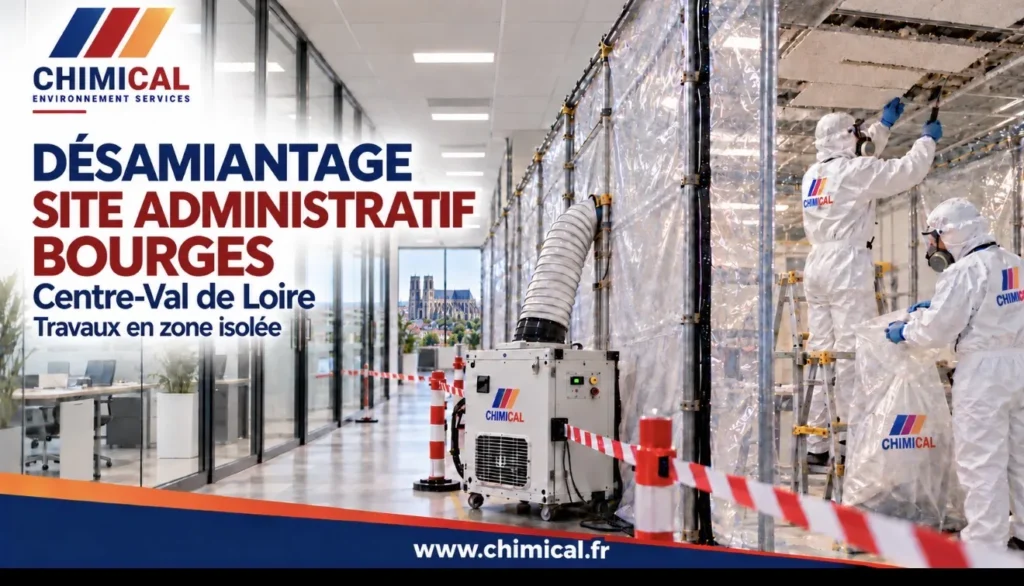 Désamiantage d’un site administratif à Bourges : opérateurs en combinaison en zone confinée