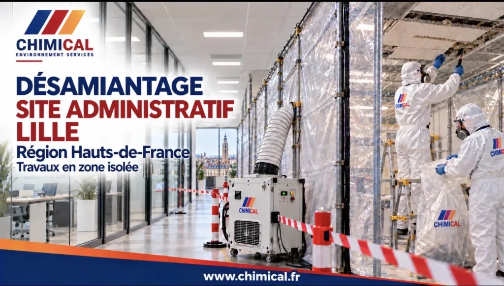 Désamiantage d’un site administratif à Lille : opérateurs en combinaison en zone confinée