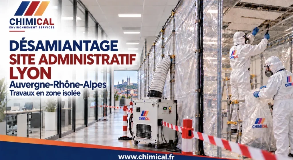Désamiantage d’un site administratif à Lyon : opérateurs en combinaison en zone confinée