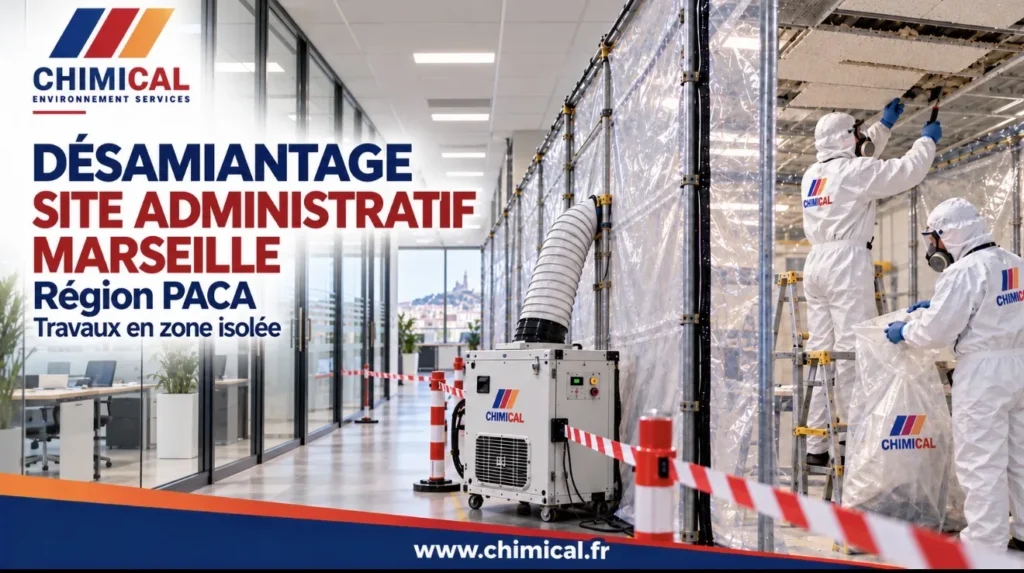 Désamiantage d’un site administratif à Marseille : opérateurs en combinaison en zone confinée
