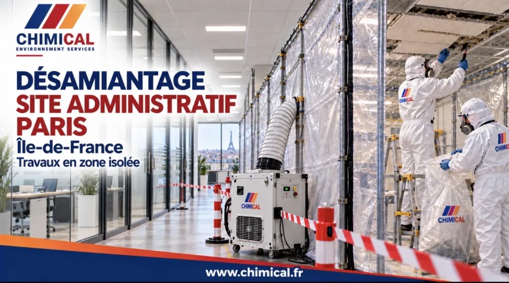Désamiantage d’un site administratif à Paris : opérateurs en combinaison en zone confinée