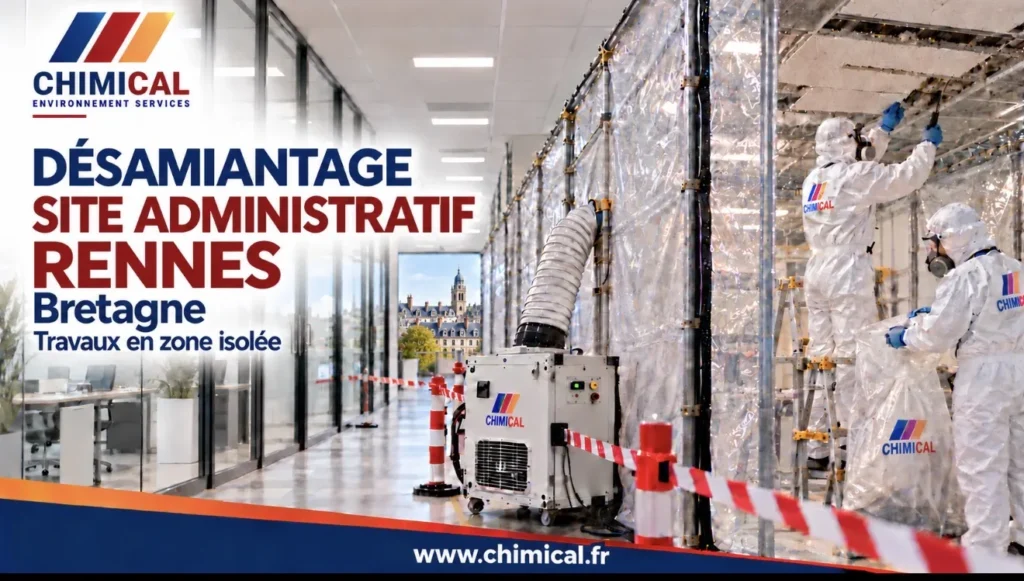 Désamiantage d’un site administratif à Rennes : opérateurs en combinaison en zone confinée