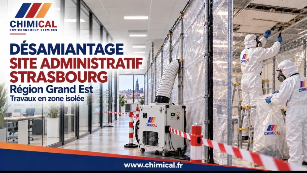 Désamiantage d’un site administratif à Strasbourg : opérateurs en combinaison en zone confinée